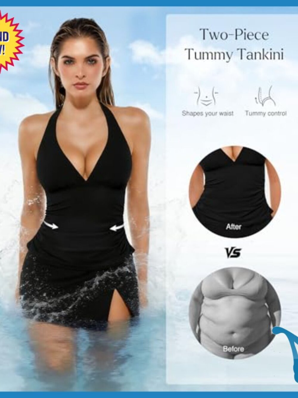 Tummy Control Tankini Swimwear with Skirt, Halter Top, Shapewear - Picture 2 of 7
